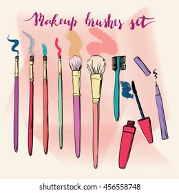Makeup brushes kit. Hand drawn vector set.