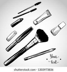 Makeup brushes kit, isolated on white background. Vector outline illustration. Beauty and skincare icons set. - Vector