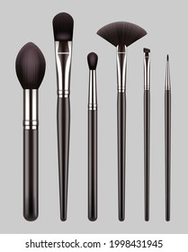 Makeup brushes. Professional tools for beauty woman makeup powder eyeshadows decent vector realistic collection set of brushes