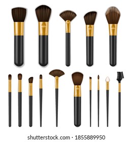 Makeup brushes realistic set, make up cosmetics, vector isolated 3D. Makeup brushes, black with golden for professional beauty make up, eye shadow, blush powder and eyebrow mascara comb with sponge