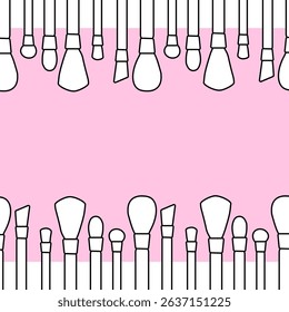 Makeup brushes seamless border horizontal frame template. Vector graphic line illustration. Black and white cosmetic makeup art. For poster, backdrop, ad, sale promotion, print for t-shirt

