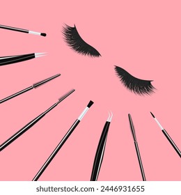 Makeup brushes set with 3d eyelashes. Cosmetics tools vector illustration. Lashes extensions accessories collection for beauty cards, visage salons designs. isolated on a cute pastel background