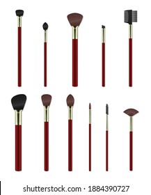 Makeup brushes set, application of make up and face painting. Beauty care collection. Vector makeup brushes realistic illustration isolated on white background
