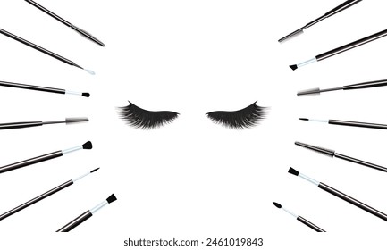 Makeup brushes set with false eyelashes. Cosmetic tools vector illustration. Lashes extensions accessories collection for beauty business cards, visage salons designs. isolated on a white background