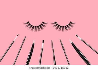 Makeup brushes set isolated on a pastel pink background. Eyelashes with cosmetics tools collection vector illustration. Beauty accessories for eyelashes and brows extensions cards and designs.