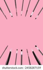 Makeup brushes set vector illustration. Cosmetics poster with different visage tools. Lashes extensions accessories collection for beauty business cards, visage salons designs. isolated on a white bac