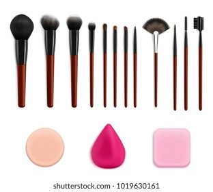 Makeup brushes sponges realistic collection with isolated colourful images of sponges and various applicator brushes vector illustration