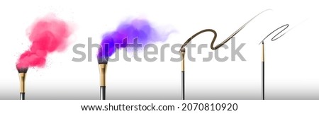 Makeup brushes with swatches of eyeshadow and liner. Vector realistic set of 3d professional cosmetic tools with pink and purple powder splashes and black brush strokes