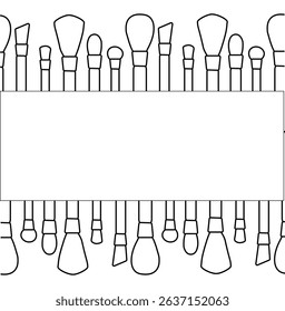 Makeup brushes Makeup tools seamless border horizontal frame template. Vector graphic line illustration. Black and white cosmetic makeup art. for package, cosmetic design, fabric and textile.