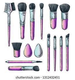 Makeup brushes vector color gradient sketch illustration. Female cosmetics design elements. Hand drawn isolated beauty tools.