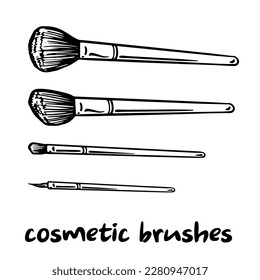 Makeup brushes vector  cosmetic  doodle outline set. Blush, eye shadow, contour, brow brush, foundation, concealer, bronzer, angled, fan, flat. Cosmetic brushes isolated on white.