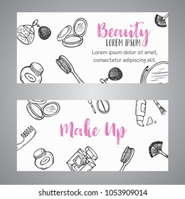 Makeup business banner Cosmetics items. Advert for shop, beauty salon, flyer design, web template. Vector illustration
