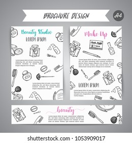 Makeup business broshure and banner. Cosmetics items. Advert for shop, beauty salon, flyer design, web template. Vector illustration