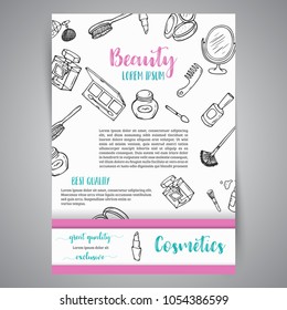 Makeup business broshure and banner. Cosmetics items. Advert for shop, beauty salon, flyer design, web template. Vector illustration