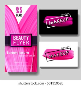 Makeup business card. Beauty flyer template. Paint brush pink smear with different design. svg