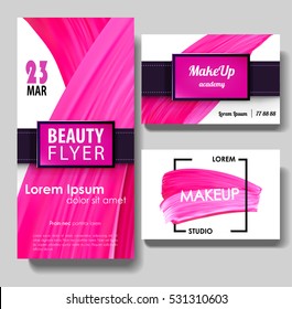 Makeup business card. Make up flyer template. Paint brush pink smear with different design. svg
