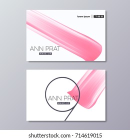 Make-up business card templates with pink vector abstract smudge. Lipstick smear isolated on white background