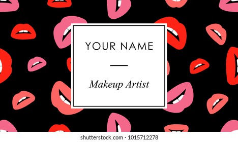Makeup business cards template with red and pink lips print in a flat style on a black background. Beauty seamless background with kisses. Elegant fashion design cards. Makeup artist banner.