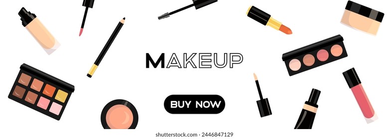 Makeup buy now banner. Makeup banner. Flat style. Vector icon