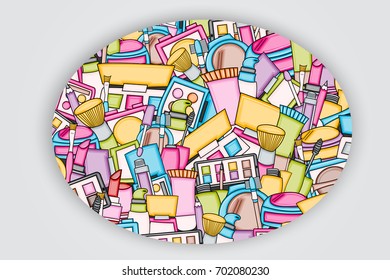 Makeup cartoon doodle backdrop design. Cute background concept for beauty greeting card,  decoration, advertisement, banner, flyer, brochure. Hand drawn vector illustration. 
