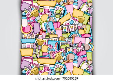 Makeup cartoon doodle backdrop design. Cute background concept for beauty greeting card,  decoration, advertisement, banner, flyer, brochure. Hand drawn vector illustration. 