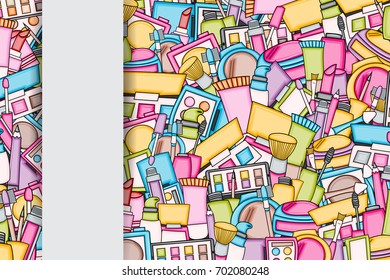 Makeup cartoon doodle backdrop design. Cute background concept for beauty greeting card,  decoration, advertisement, banner, flyer, brochure. Hand drawn vector illustration. 