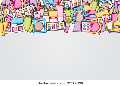 Makeup cartoon doodle backdrop design. Cute background concept for beauty greeting card,  decoration, advertisement, banner, flyer, brochure. Hand drawn vector illustration. 
