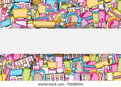 Makeup cartoon doodle backdrop design. Cute background concept for beauty greeting card,  decoration, advertisement, banner, flyer, brochure. Hand drawn vector illustration. 