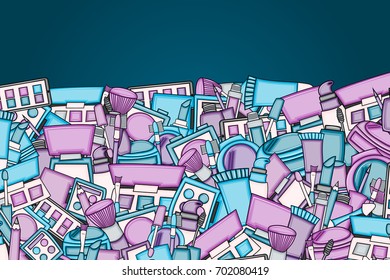 Makeup cartoon doodle backdrop design. Cute background concept for beauty greeting card,  decoration, advertisement, banner, flyer, brochure. Hand drawn vector illustration. 
