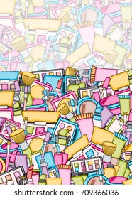 Makeup cartoon doodle backdrop design. Cute background concept for beauty greeting card,  decoration, advertisement, banner, flyer, brochure. Hand drawn vector illustration. 