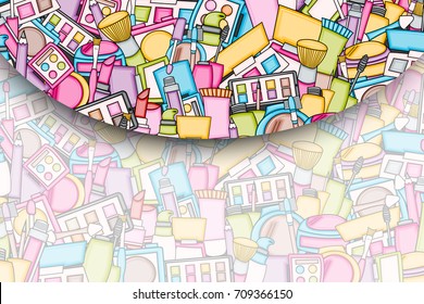 Makeup cartoon doodle backdrop design. Cute background concept for beauty greeting card,  decoration, advertisement, banner, flyer, brochure. Hand drawn vector illustration. 