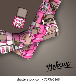 Makeup cartoon doodle backdrop design. Cute background concept for beauty greeting card,  decoration, advertisement, banner, flyer, brochure. Hand drawn vector illustration. 