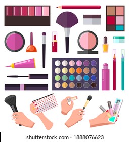 Makeup collection, different tools or instruments for visagiste, cosmetics, female hands with brush, cosmetic bag, lipstick, shadows palette, lipgloss, powder, pencils, mascara, nail polish, cream jar