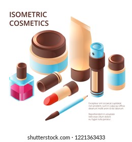 Makeup collection isometric. Professional beauty colorful items shadow for eyes plastic palette skin gloss vector 3d pictures. Makeup isometric, beauty lipstick and care illustration