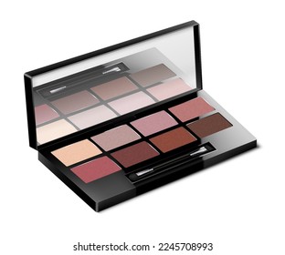 Paleta de sombra de ojos de color de maquillaje aislada en fondo blanco. Contenedor de botiquín de sombras o boquillas. Abrir estuche cosmético de maquillaje compacto con espejo, plantilla vectorial 3d realista.