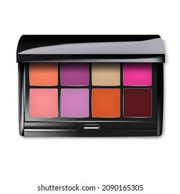 Make-up color eyeshadow palette. Open makeup eye shadow kit container top view. Realistic vector illustration