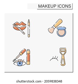 Makeup color icons set. Lip liner, mascara, blush and false lush curler. Beauty salon. Cosmetology concept. Isolated vector illustrations