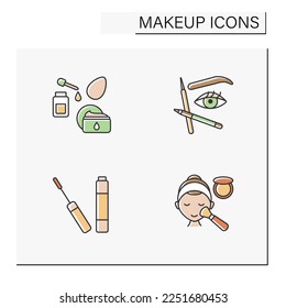 Conjuntos de iconos de color de maquillaje. Suero y crema para la pulverización de la piel, cepillado y microblando. Cuidado de la piel. Concepto de cosmetología. Ilustraciones vectoriales aisladas