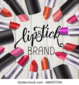 Makeup colorful lipstick set, catalog template. Hand drawn lettering, cosmetics background. Vector illustration EPS 10.