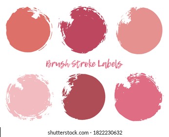 Makeup colors round labels isolated on white texture. Terracotta, pastel, pink, beige brush circles template. Stroke round shapes. Freestyle circles grunge background. Round grunge label vectors.