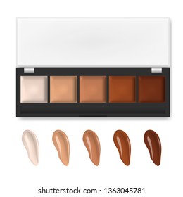 Makeup concealer palette with smear samples isolated on white background, realistic illustration. Vector template.