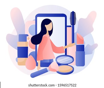 Makeup concept. Beauty blog, Make Up artist, Face Care and Beauty. Fashion blogging, internet influencer. Modern flat cartoon style. Vector illustration on white background.