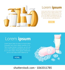 Makeup concept. Collection of cosmetics containers tubes and bottles white and golden plastic containers bottles with spray vector illustration with place for your text on white and blue background.