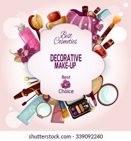 Make-up concept with decorative female cosmetics and beauty products set vector illustration