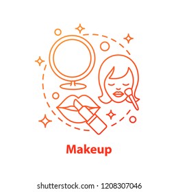 Makeup concept icon. Cosmetics idea thin line illustration. Beauty salon. Rouge, foundation and cotton pads. Vector isolated outline drawing