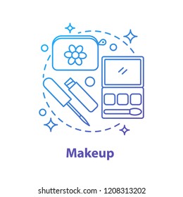 Makeup concept icon. Cosmetics idea thin line illustration. Mascara, eyeshadows or face rouge and cosmetic bag. Vector isolated outline drawing