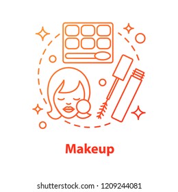 Makeup concept icon. Cosmetics idea thin line illustration. Mascara, eyeshadows and face rouge. Vector isolated outline drawing