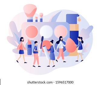 Makeup concept. Tiny people Characters testing Cosmetics Products. Beauty Salon, Makeup Courses, Make Up artist, Cosmetics Masterclass. Modern flat cartoon style. Vector illustration.