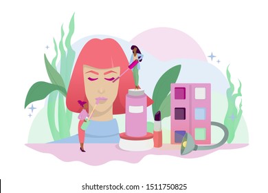 Makeup concept. Woman on beauty procedure, applying cosmetics on the face. Isolated vector illustration in cartoon style