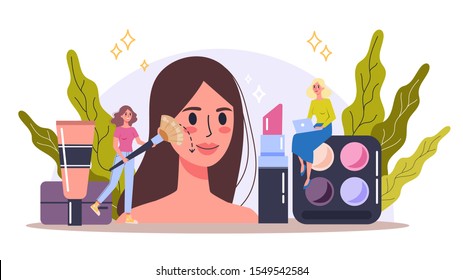 Makeup concept. Woman on beauty procedure, applying cosmetics on the face. Isolated vector illustration in cartoon style